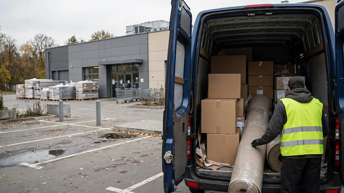 Ładowanie paczek z meblami i rolki wykładziny do busa na parkingu marketu