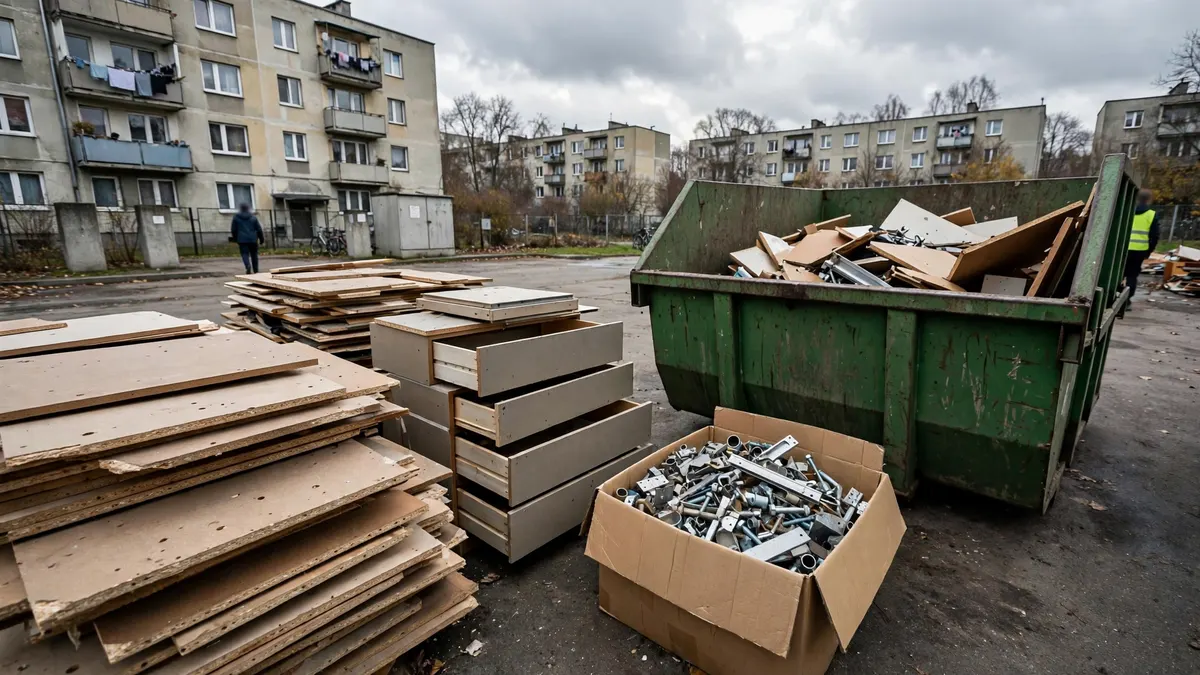 Rozebrane meble posegregowane na płyty, szuflady i okucia przy kontenerze