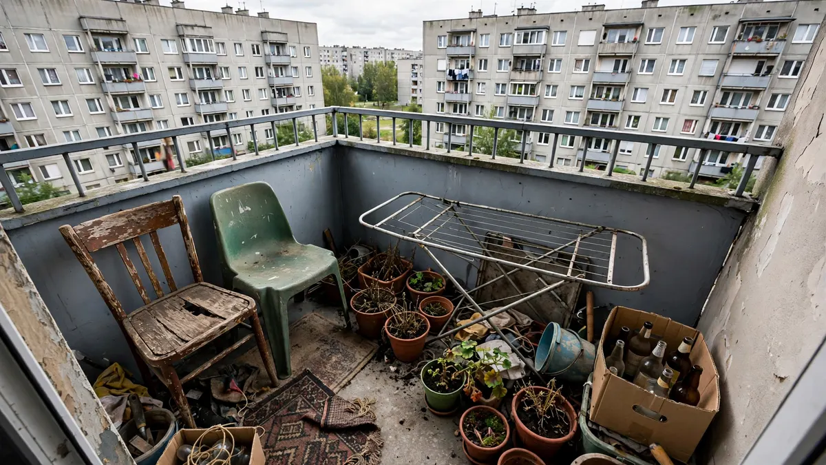 Zagracony balkon z krzesłami, doniczkami i kartonami w bloku z wielkiej płyty