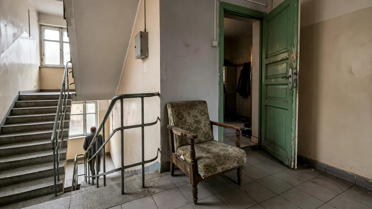 Pojedynczy stary fotel przy drzwiach mieszkania na klatce schodowej