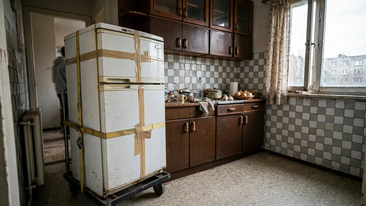 Stara lodówka na wózku z pasami w ciasnej kuchni z płytkami w kratkę