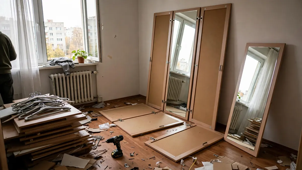 Rozkręcona szafa w sypialni: drzwi z lustrem oparte o ścianę, półki w stosie