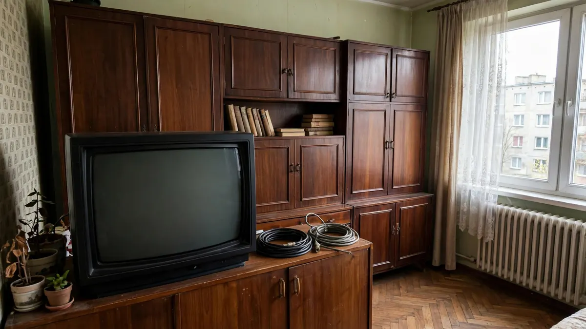 Stary telewizor kineskopowy na szafce w pokoju z meblościanką, obok zwinięte kable