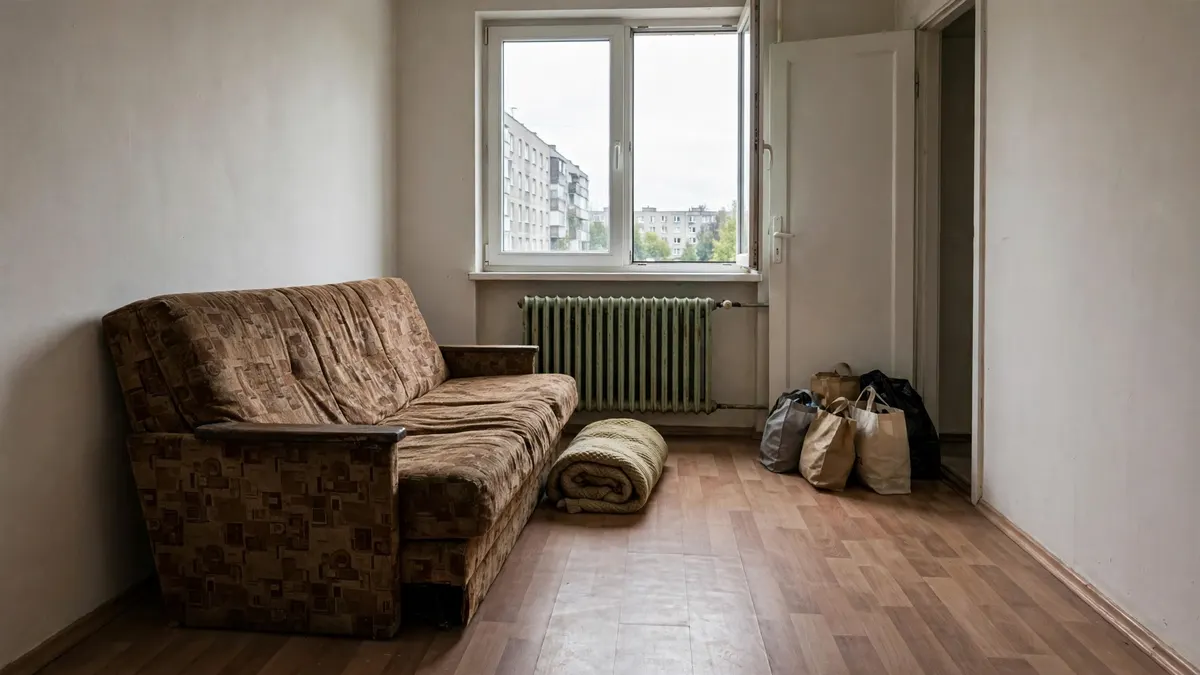 Stara wersalka w pustym pokoju w bloku, obok zwinięty koc i torby przy drzwiach